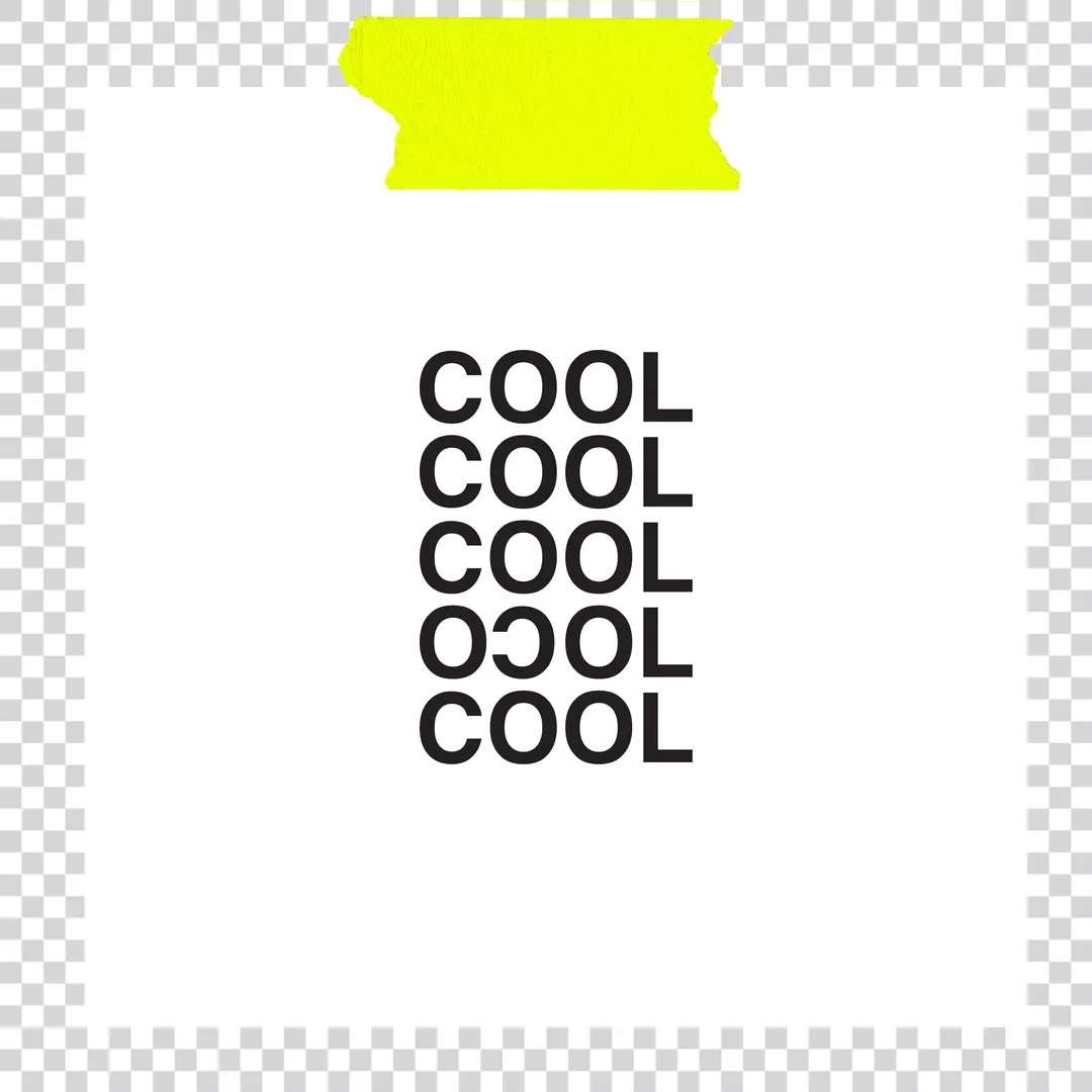 Fünf Zeilen „COOL“ in schwarzer Grotesk untereinander, die vierte horizontal gespiegelt